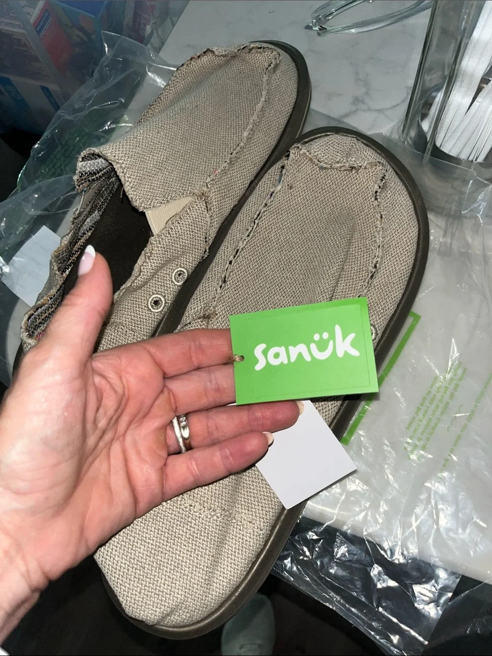Sanuk Tan Canvas Slip-On Moccasins